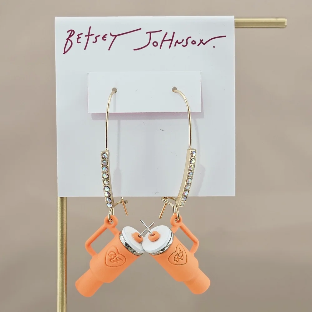Betsey Johnson Orange Tumblers Fall Water Cup Earrings Rhinestones Autumn Gift - Picture 6 of 8
